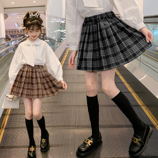 女童半身裙2025春秋季 女大童洋气磨毛格子裙百褶短裙儿童裙套 新款