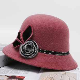 中老年毛呢盆帽女士礼帽酒红春秋季中年女帽春天妈妈帽大檐遮阳帽