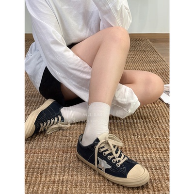 擦色银星星小脏鞋软底丹宁帆布鞋