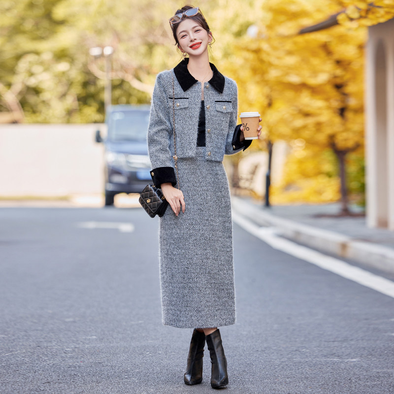 财阀千金系列2026新款冬装小香法式套装翻领撞色两件套