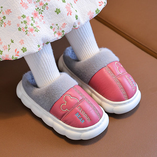儿童拖鞋冬季卡通保暖加绒加厚pu皮防水防滑男女宝宝棉鞋