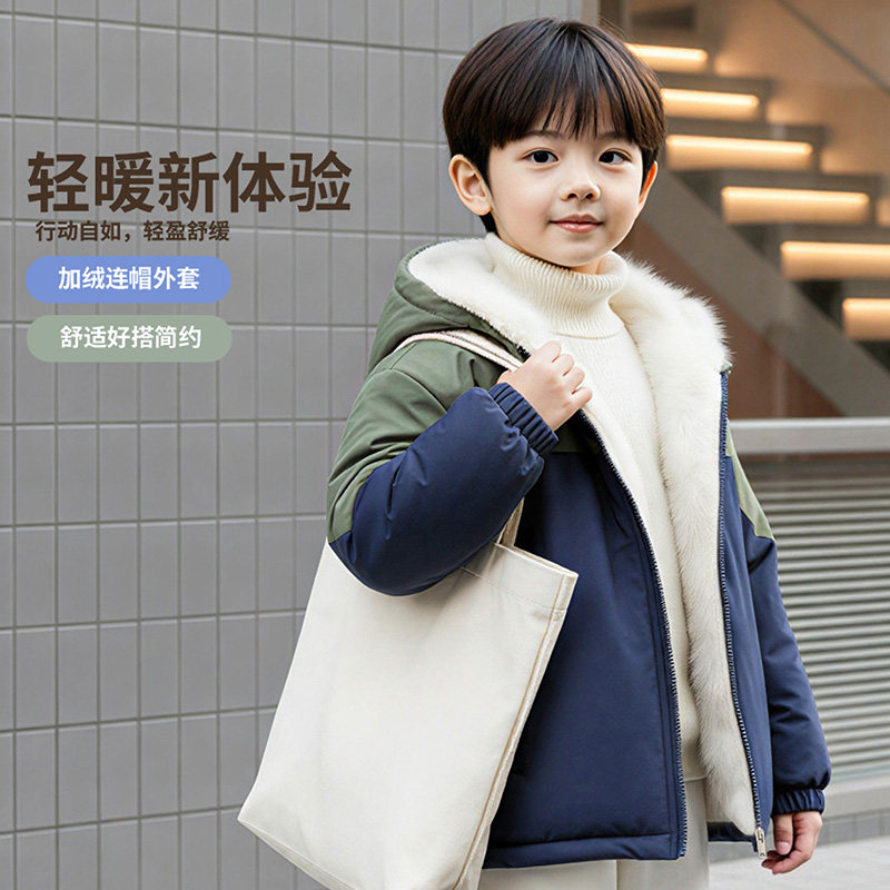 儿童外套男童秋冬季潮牌连帽夹克服男宝宝中小童加绒加厚风衣棉服
