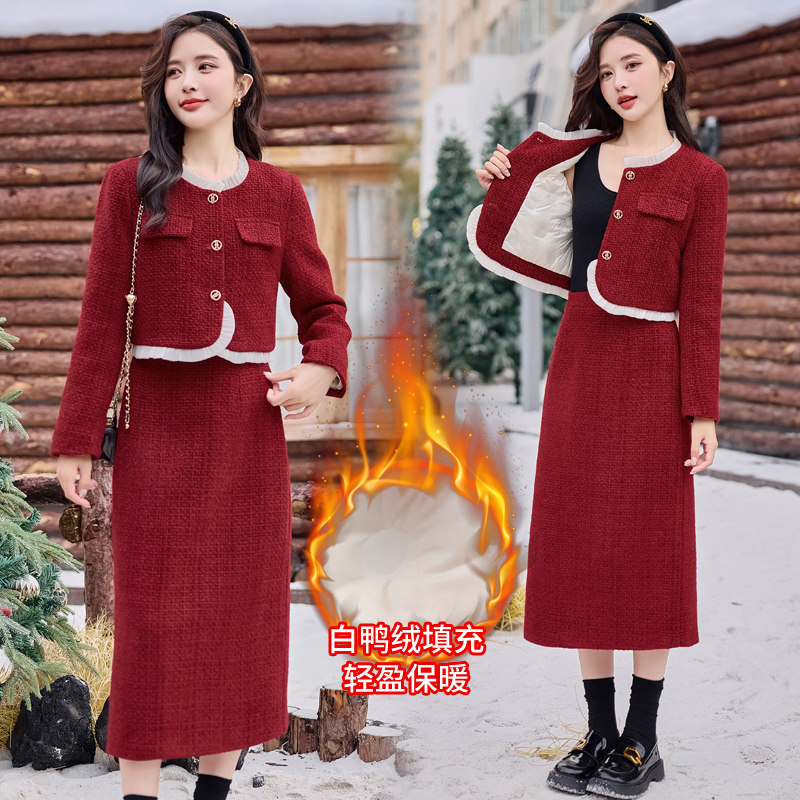 财阀千金系列2026新款冬装经典bao款花边拼接小香套装白鸭绒