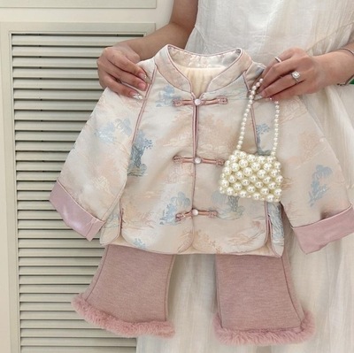 女童新中式唐装套装冬装儿童国风盘扣外套加绒喇叭裤两件套