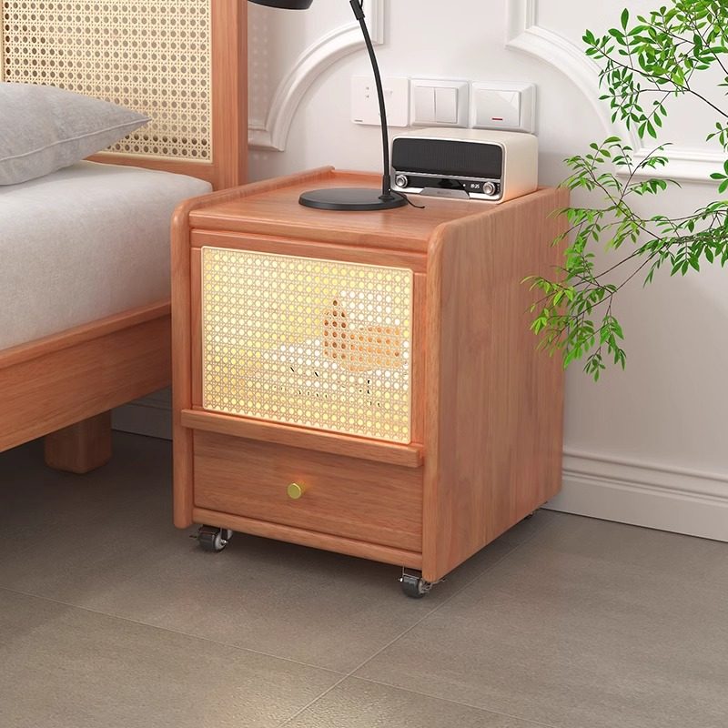 实木藤编床头柜超窄夹缝床边柜小型迷你30cm收纳柜带轮可移动卧室