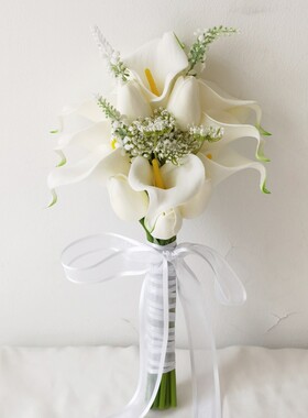 韩版仿真手捧花束白色马蹄莲郁金香 新娘结婚领证婚纱照拍摄花束