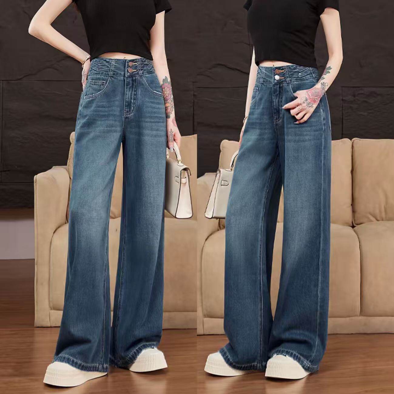 春季爆款高腰窄版阔腿牛仔裤女蓝色显瘦百搭直筒裤子梨型身材裤子