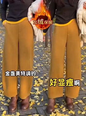 金盏黄羊毛呢高腰弯刀裤2025冬季新款小个子九分裤加绒加厚休闲裤