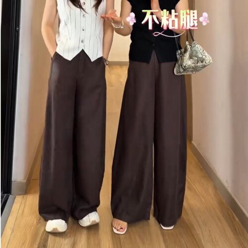 夏季咖色天丝亚麻阔腿裤2026新款休闲女裤松弛感慵懒风高腰弯刀裤