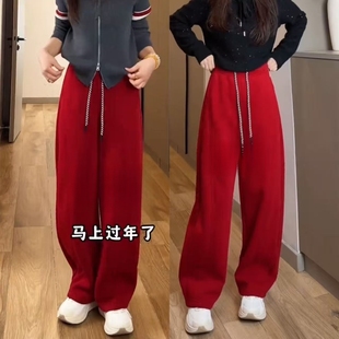 慵懒风红色加绒卫裤女冬季新款宽松高腰弯刀裤时尚休闲百搭香蕉裤