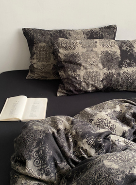 黑色高级感全棉提花四件套复古侘寂风纯棉被套床单床品床笠款简约