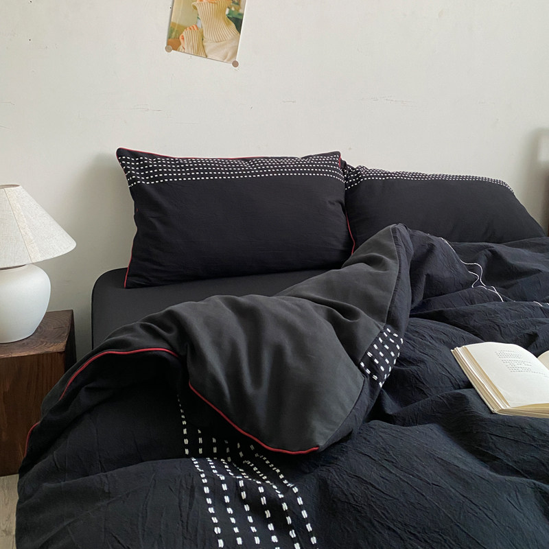 黑色侘寂风全棉水洗棉四件套100纯棉针刺子提花被套床单床品裸睡4