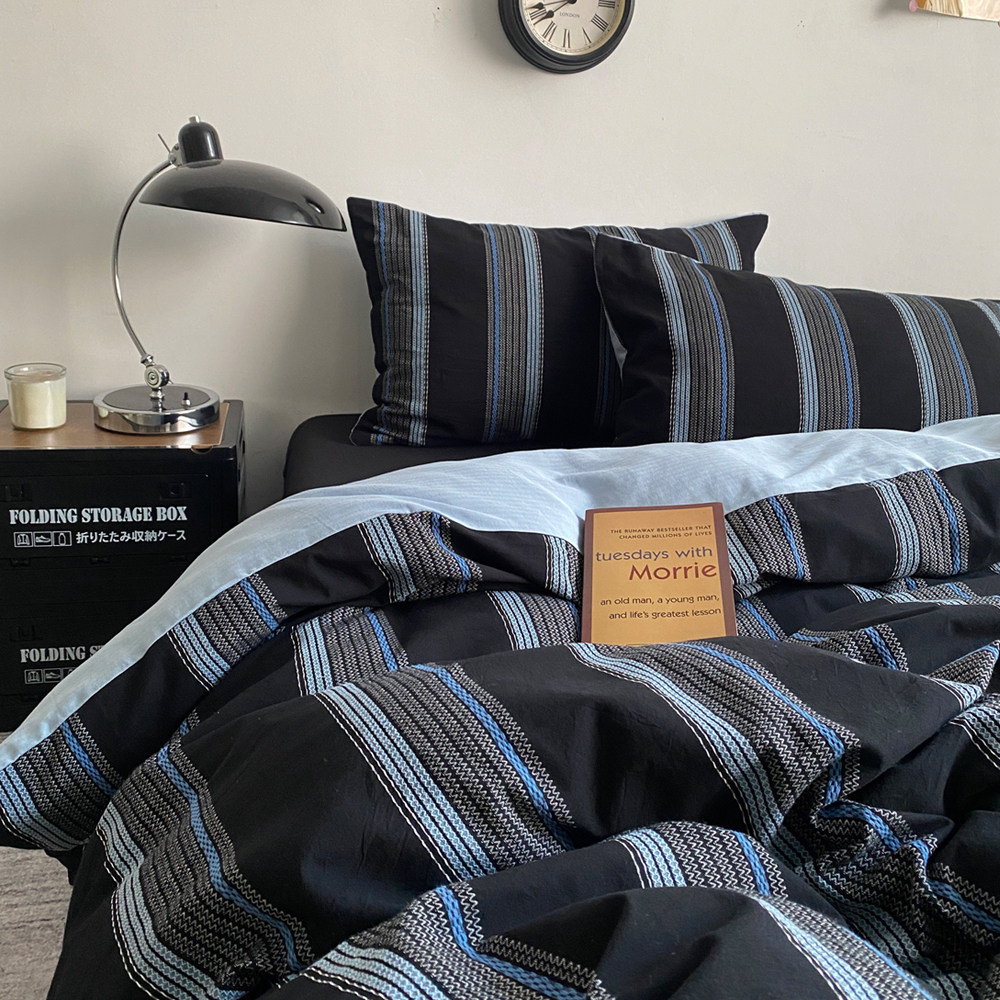 简约老钱风全棉条纹提花四件套纯棉水洗棉被套床单床上用品高级感