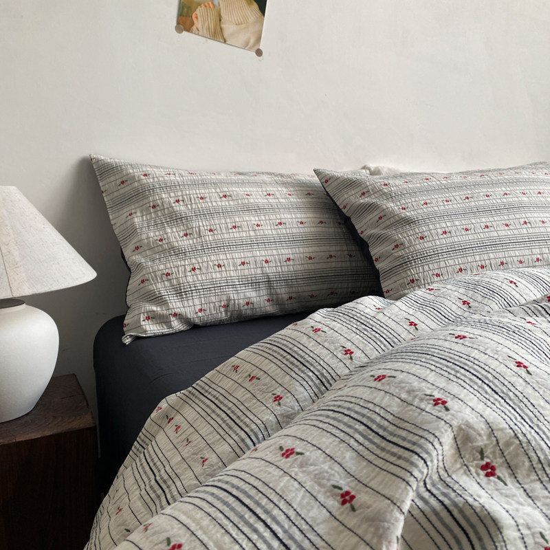 韩式全棉泡泡纱提花四件套公主风水洗纯棉被套床单床上用品床笠款