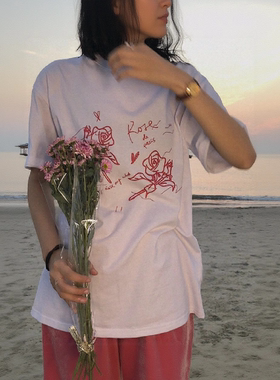 中二ins 2025夏季手绘玫瑰白色t恤女短袖复古印花体恤上衣纯棉