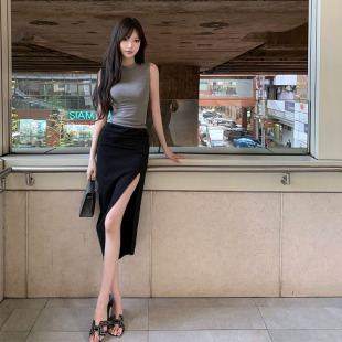 CHICYOU 欧美女明星极简显瘦褶皱裙子百搭修身性感开叉半身裙夏季