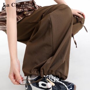 宽松直筒休闲拖地裤 2026新款 子 女春季 拉夏贝尔棕咖色假两件阔腿裤