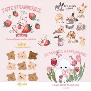 卡通小熊九格画风花卉小羊兔热转印女装T恤印花图案冷撕环保烫画