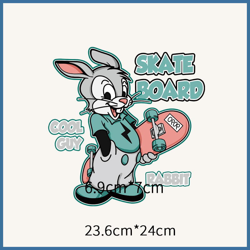卡通滑板兔子大图印花贴t恤卫衣服饰辅料胶贴熨烫diy白墨烫图烫画
