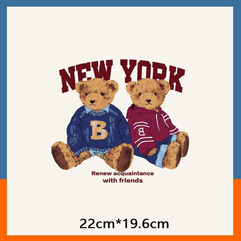 潮牌创意布偶熊字母卡通图案热转印童装衣服印花贴过粉白墨烫画贴