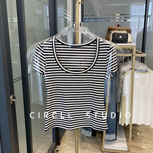 显瘦显脸小 天鹅颈U领修身 大弹力短袖 条纹T恤女上衣 柔软亲肤法式