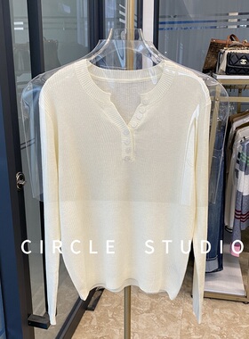 人手BI备！柔韧亲肤细坑条宽松版亨利领纽扣套头纯色针织衫上衣女