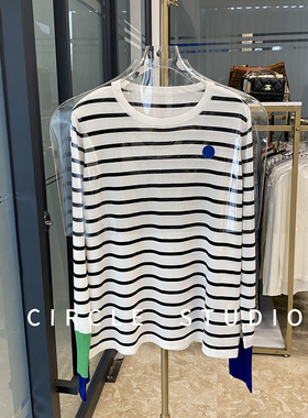 简约时髦 小众设计感拼色袖休闲醋酸棉条纹套头针织衫女罩衫T恤