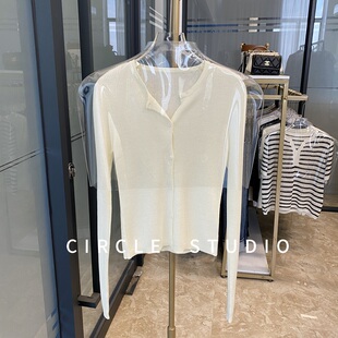 单排扣圆领针织开衫 OL百搭实穿46支坑条修身 外套女 法式 优雅简约