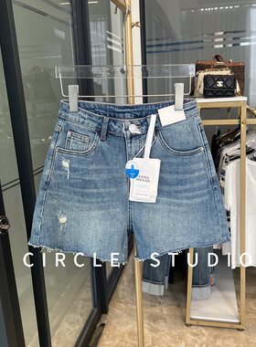 磨破毛边A字高腰中弹牛仔短裤女