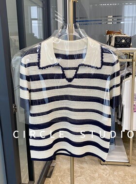 法式精致镂空天丝亚麻手工勾花撞色POLO领短袖条纹针织衫女上衣