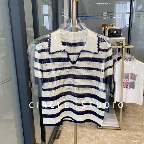 法式套头POLO领条纹撞色针织衫、