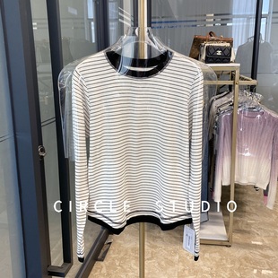 内搭打底T 抓绒撞色条纹T恤女上衣圆领长袖 韩系减龄 正肩显瘦修身