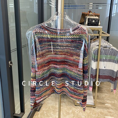 设计感彩色圆领镂空套头针织衫