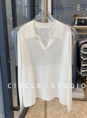 透气干爽 简约宽松版T长袖针织衫T恤女翻领V领天丝+亚麻防晒罩衫