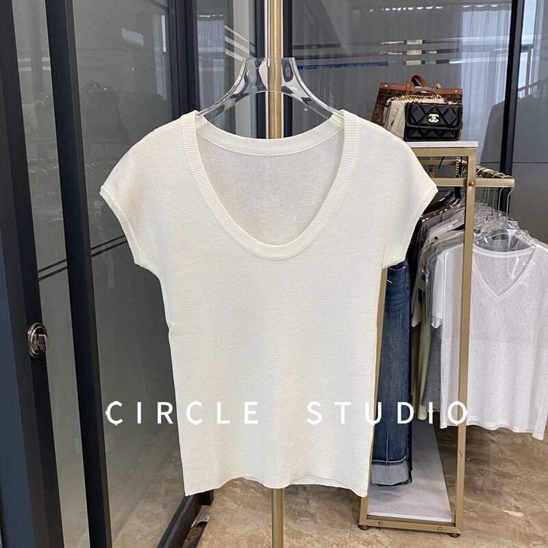 凉感透气 设计感露锁骨U领三醋酸羊毛天丝鹅蛋领套头针织衫T恤薄