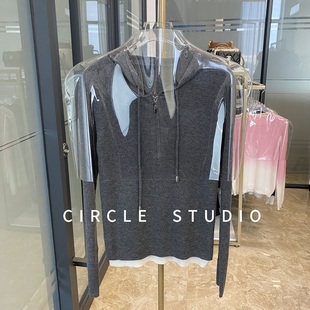 日常穿搭 软糯设计感假两件拉链连帽针织衫时髦休闲长袖套头上衣