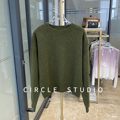 墨绿色菱格钩花针织毛衣女上衣