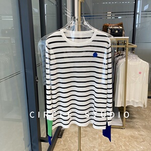 简约时髦 小众设计感拼色袖休闲醋酸棉条纹⻓袖套头针织衫女T恤