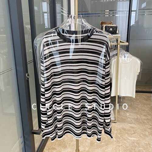 轻薄凉感长袖条纹天丝女T恤上衣