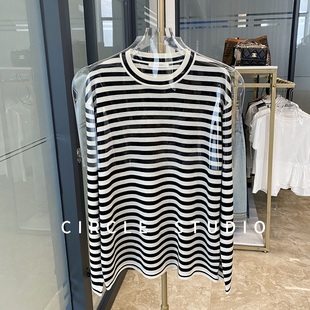 上衣 女中长款 自留单品 时髦品味羊毛桑蚕丝立体条纹提花针织衫