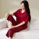 睡衣女夏季 春夏家居服薄 红色本命年空调房格子裤 短袖 纯棉七分裤