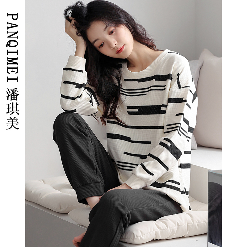 春秋款睡衣女长袖纯棉2023年新款条纹休闲宽松时尚秋季家居服套装
