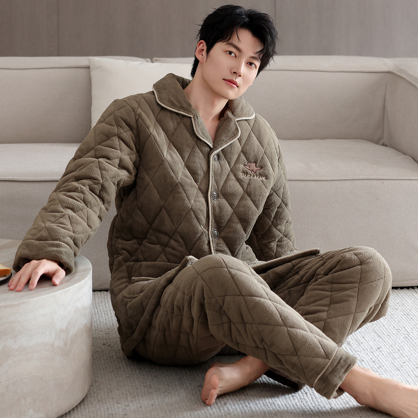 珊瑚绒夹棉睡衣男士三层保暖格子秋冬季加厚加绒棉袄法兰绒家居服