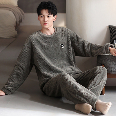 珊瑚绒睡衣男士秋冬季加厚加绒保暖套头时尚高级感法兰绒家居服