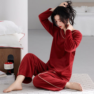 海岛绒睡衣女士秋冬季套头薄绒加绒可外穿新款酒红色珊瑚绒家居服