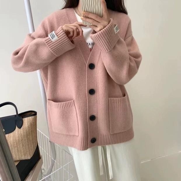 女童秋冬新款复古针织开衫韩版宽松显瘦少女卷袖口袋软糯毛衣外套