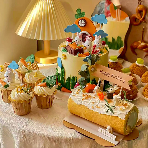 田园风可爱小兔子生日蛋糕装饰