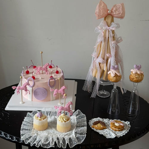 梦幻粉旋转木马蛋糕配件女孩生日蛋糕装饰模具丝带蝴蝶结饼干模具