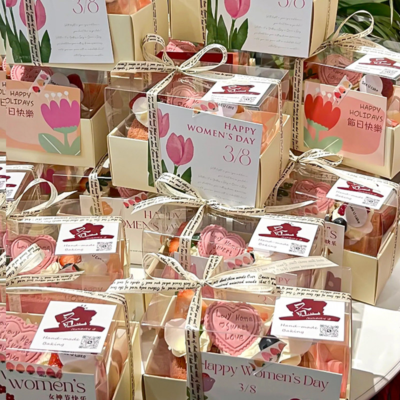 网红3.8女神节女王节蛋糕卷毛巾卷瑞士卷甜品礼盒祝福语卡片丝带