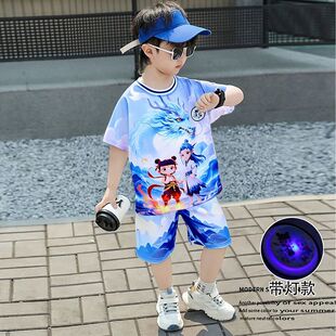 2026闪灯款夏季套装夏装哪吒衣服新款短男孩童宝宝速干两件套